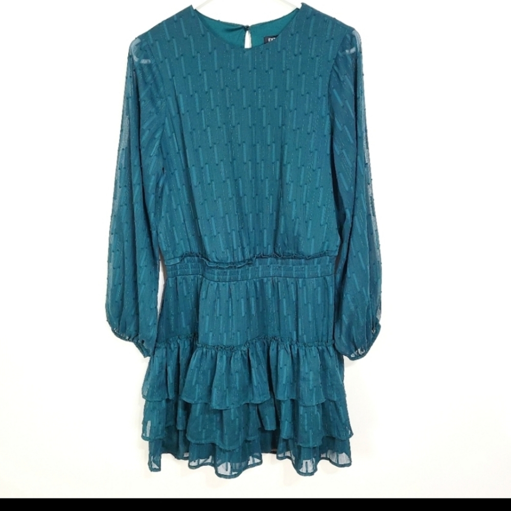 Express  Chiffon Ruffle Long Sleeve Dress Green Shimmer Medium